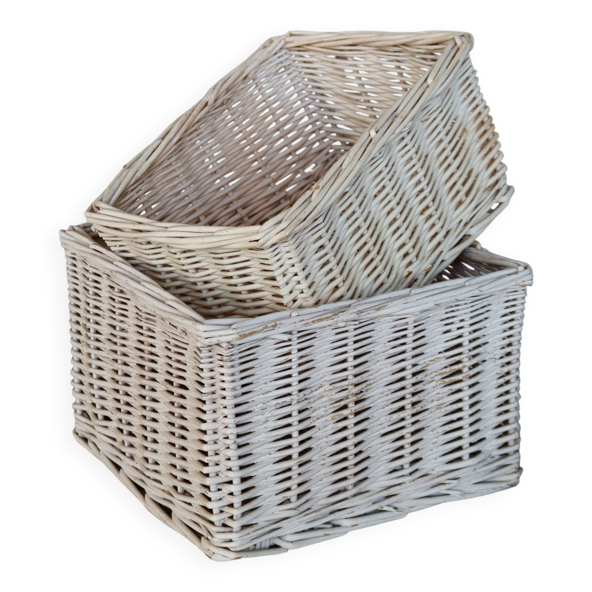 Vintage white wicker storage baskets