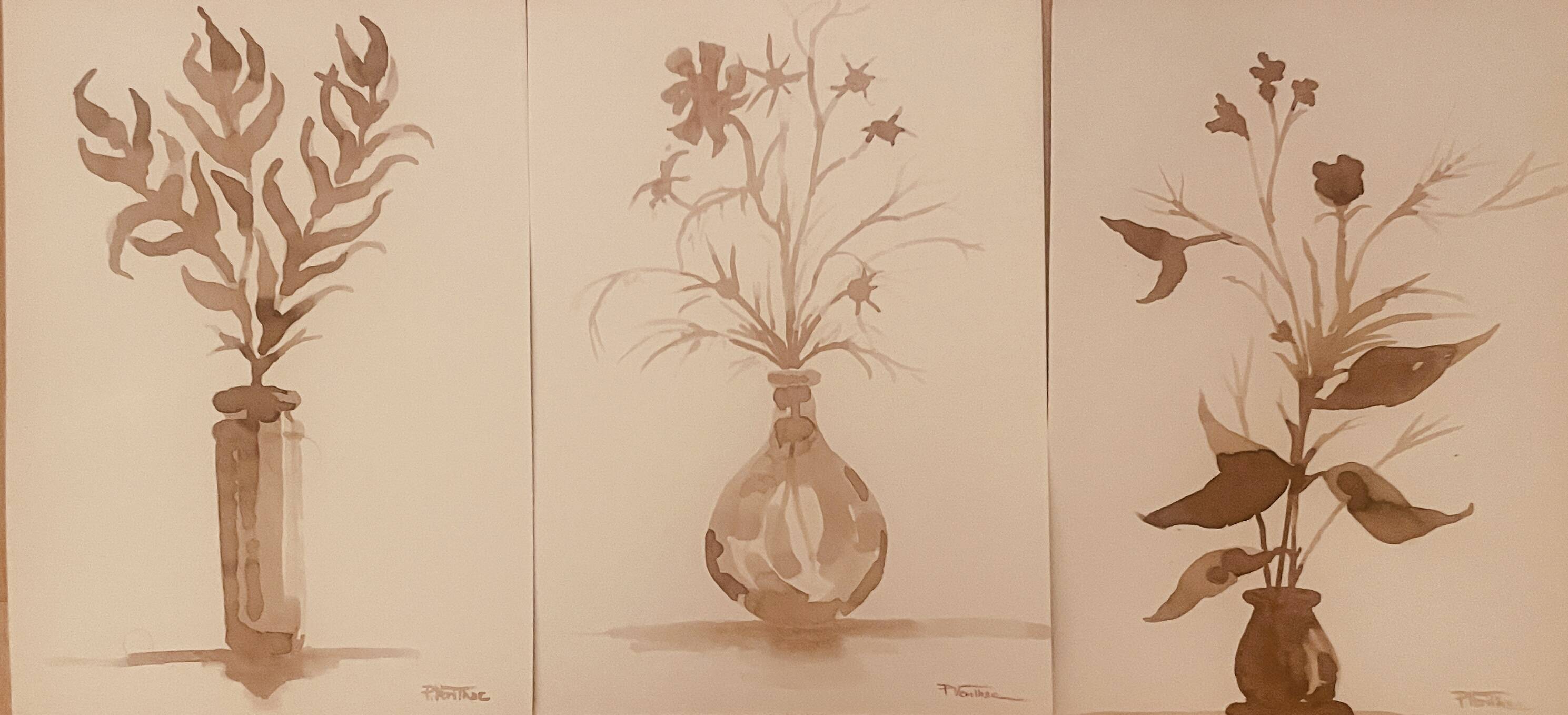 Lot de 3 tableaux nature morte vases fleurs séchées style Wabi Sabi