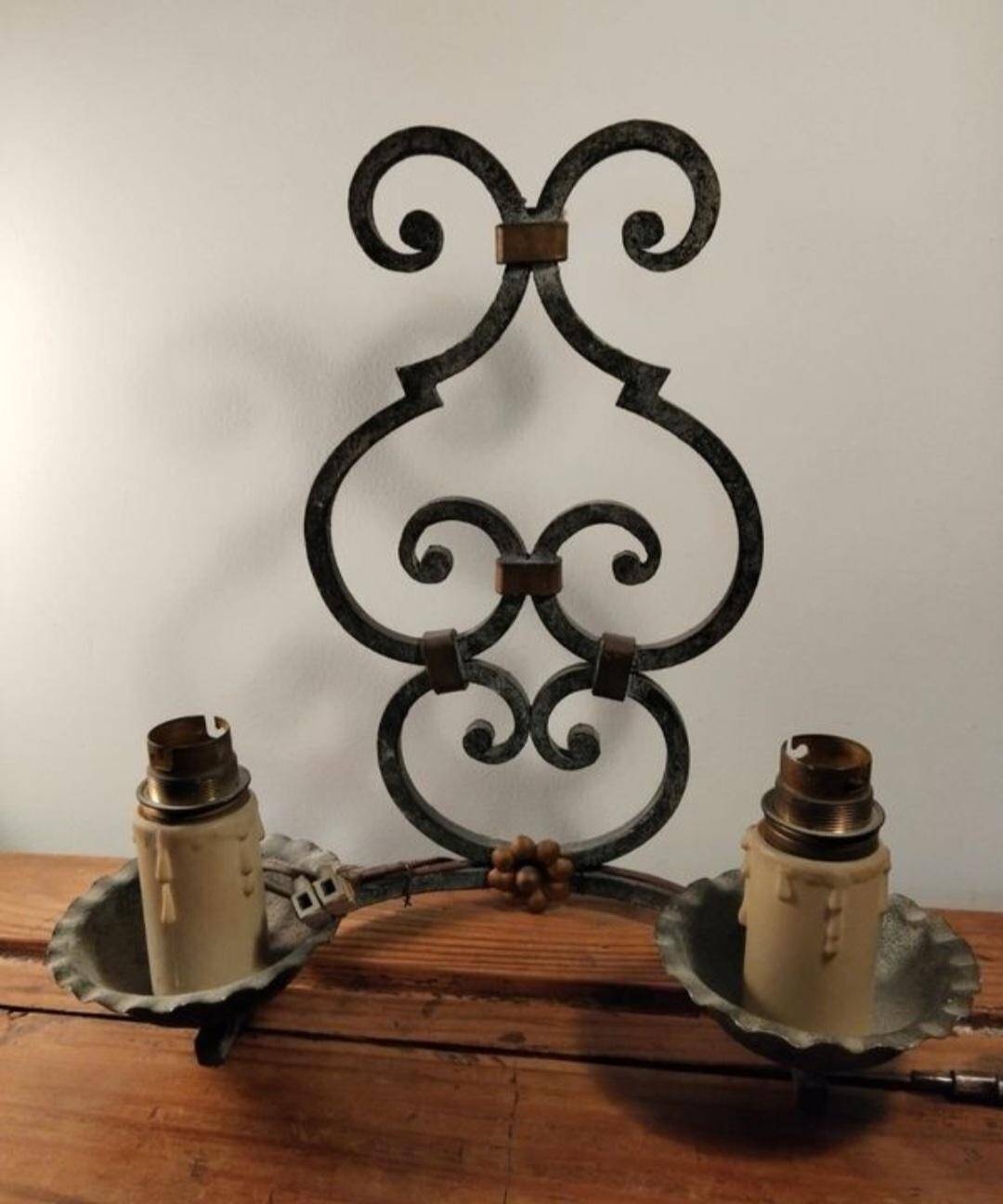 Pair of antique wrought iron wall lights gilbert poillerat baroque 1940