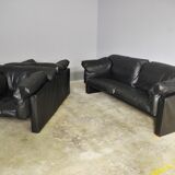 Moroso sofa set and armchairs in black leather, 1984