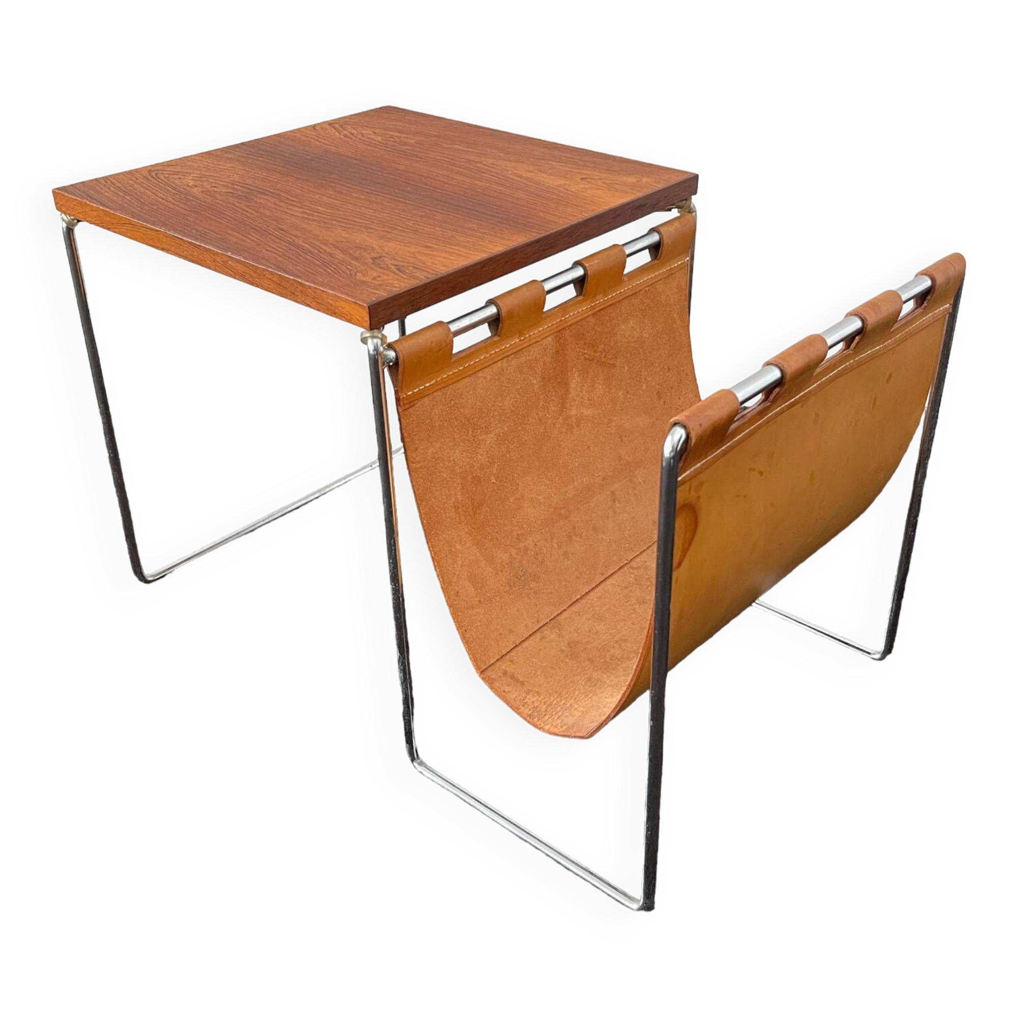 Vintage side table / newspaper holder in leather, chrome-plated steel rosewood, ca 1970