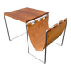 Vintage side table / newspaper holder in leather, chrome-plated steel rosewood, ca 1970