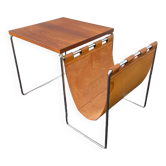 Table d'appoint / porte-journaux vintage en cuir, palissandre acier chromé, ca 1970