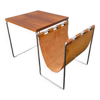Vintage side table / newspaper holder in leather, chrome-plated steel rosewood, ca 1970