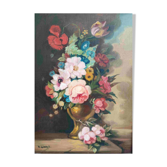 Peinture sur toile signé zoé Laigneau décor floral nature morte vas