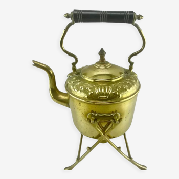 Victorian teapot with original burner art & crats support in brass - ebonized wooden handle