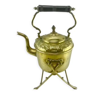 Victorian teapot with original burner art & crats support in brass - ebonized wooden handle