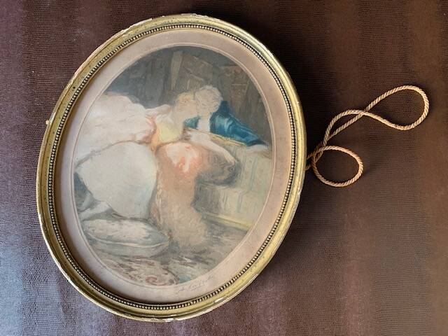 Old romantic engraving, gallant scene from the 19th century, signed, numbered, 1921