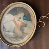 Old romantic engraving, gallant scene from the 19th century, signed, numbered, 1921