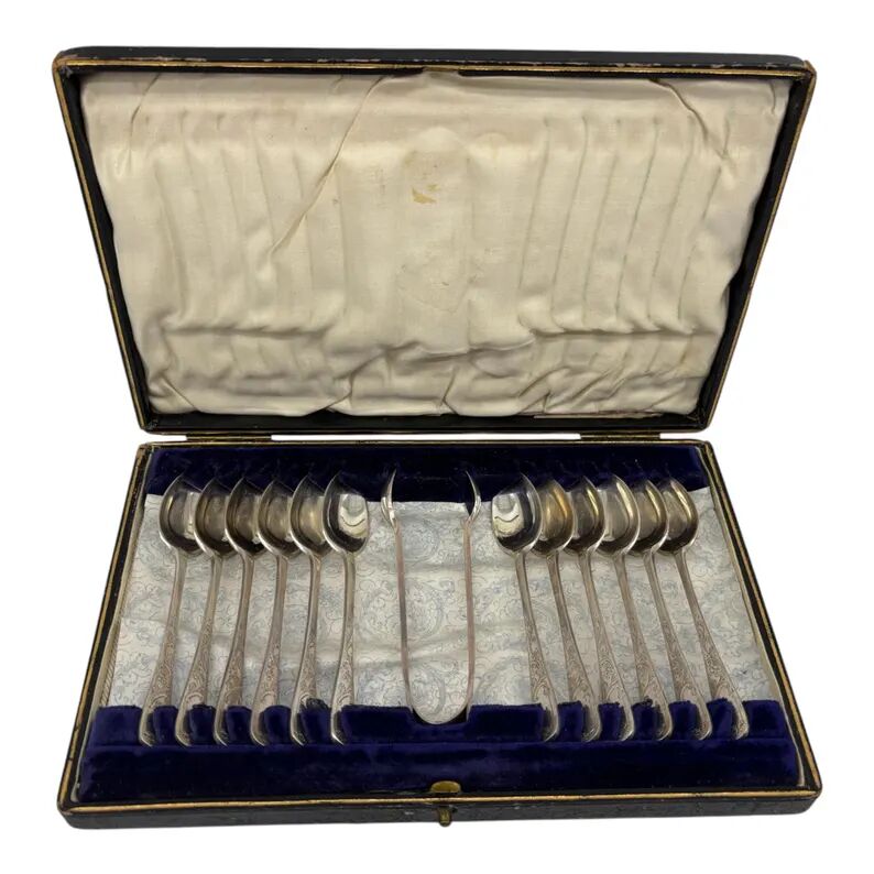 Service of 12 silver-plated metal coffee spoons with tongs and box from around 1900.