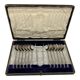 Service of 12 silver-plated metal coffee spoons with tongs and box from around 1900.