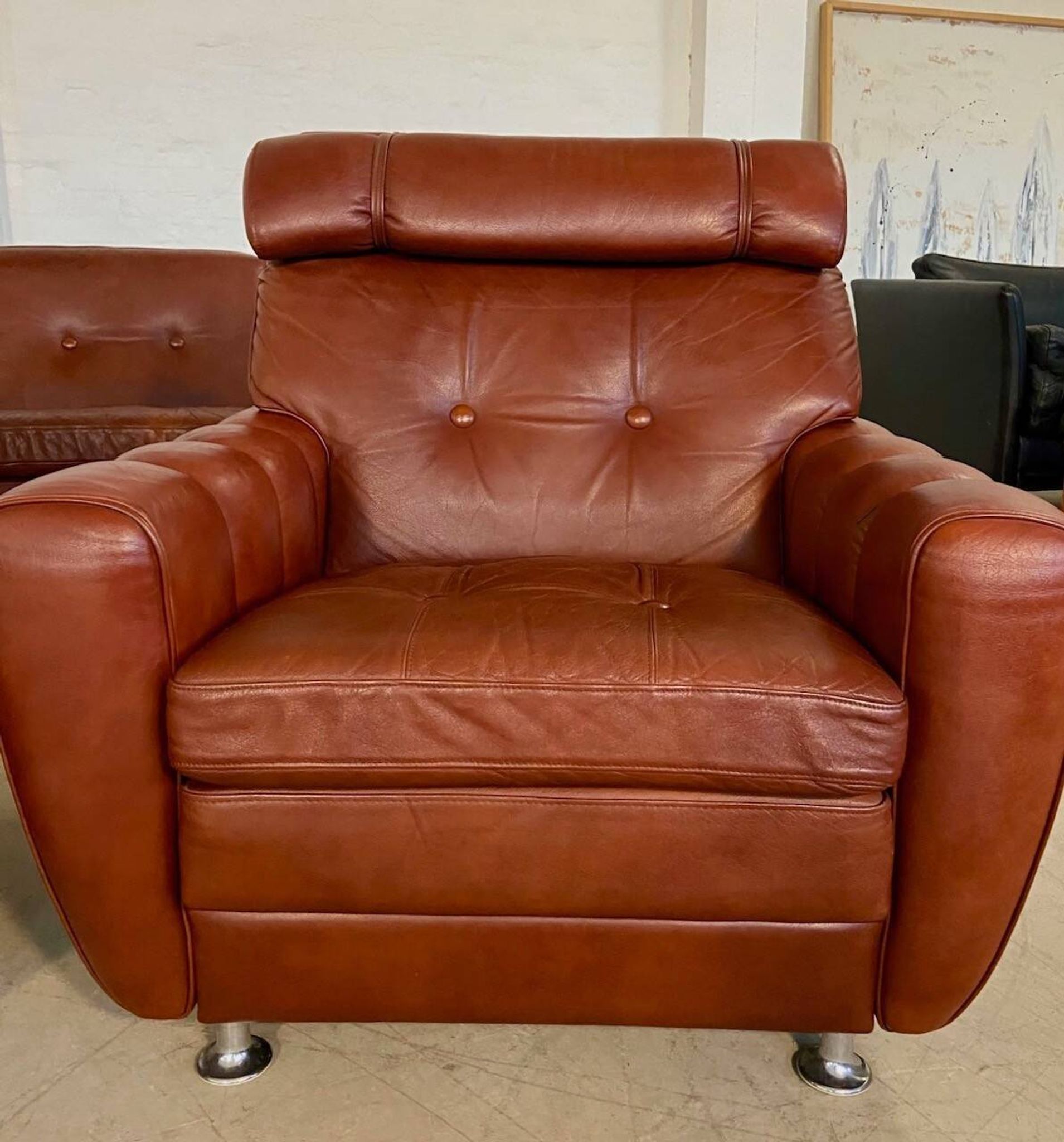 Vintage Danish mid-century Svend Skipper leather club chairs 1970s