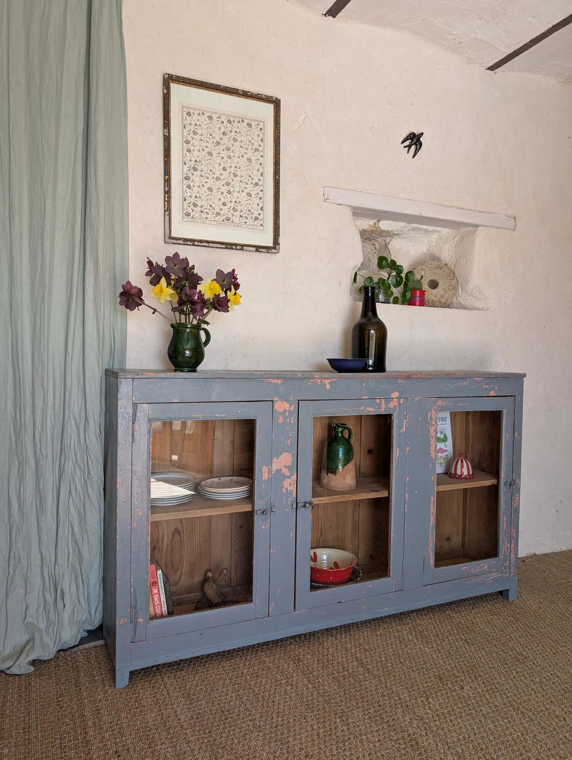 Glazed enfilade antique workbench – blue patina