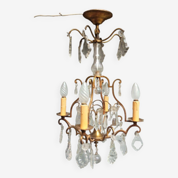 4-light cage chandelier with crystal pendants, complete in working order