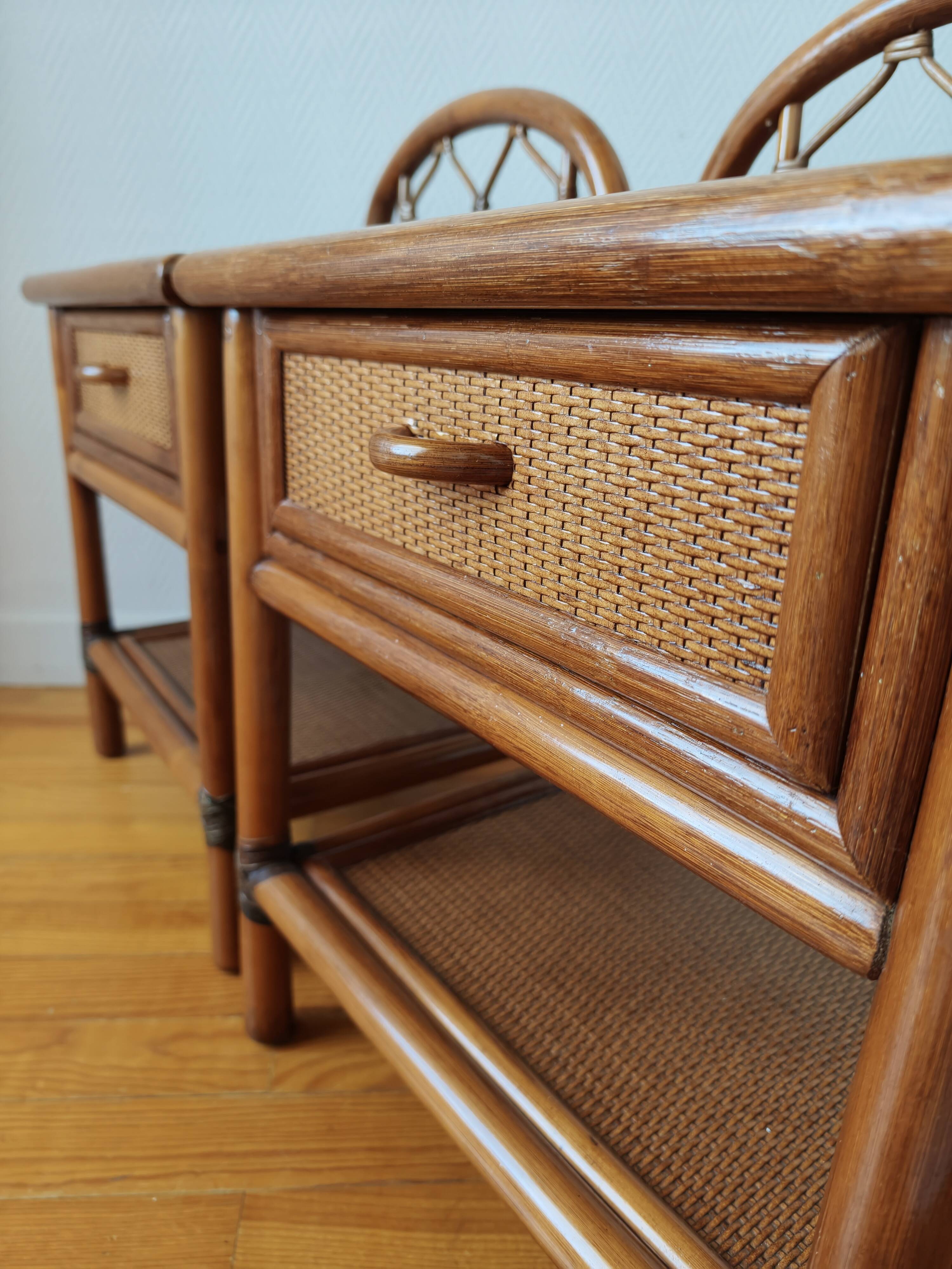 Pair of vintage rattan and cane bedside tables, 1970s