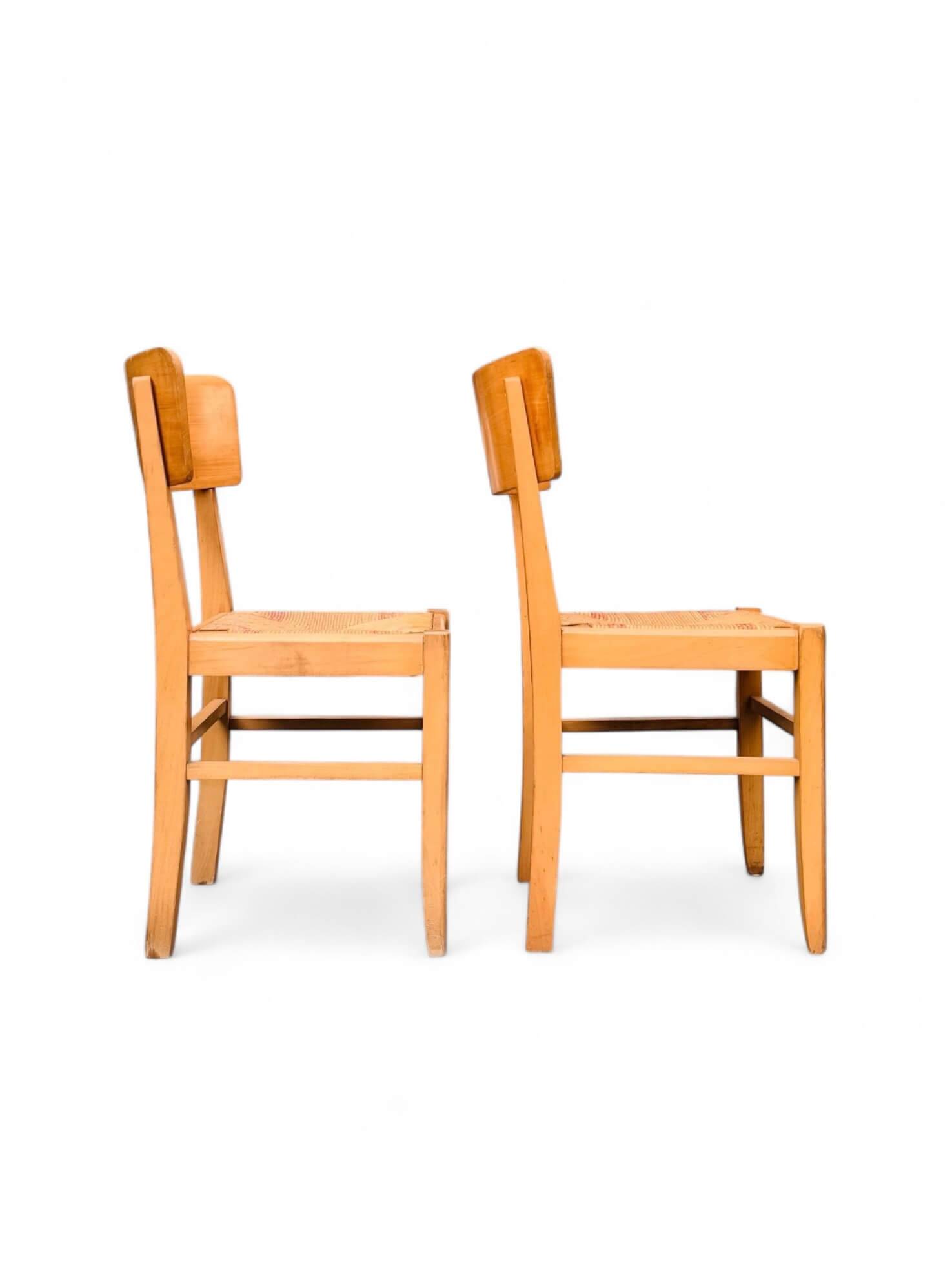 2 vintage beech chairs, straw seats