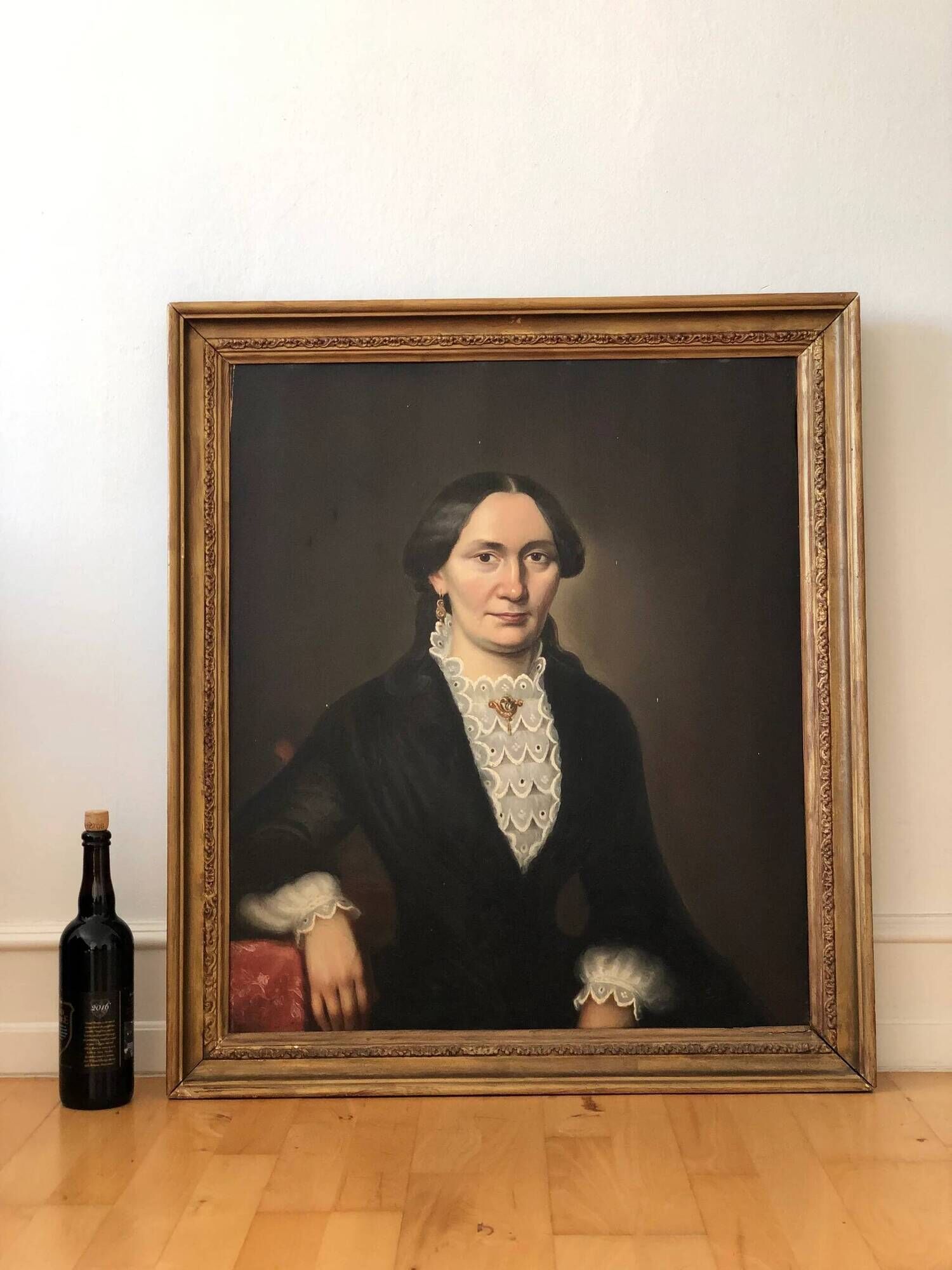 Antique oil portrait painting, framed large lady portrait, c. 1840