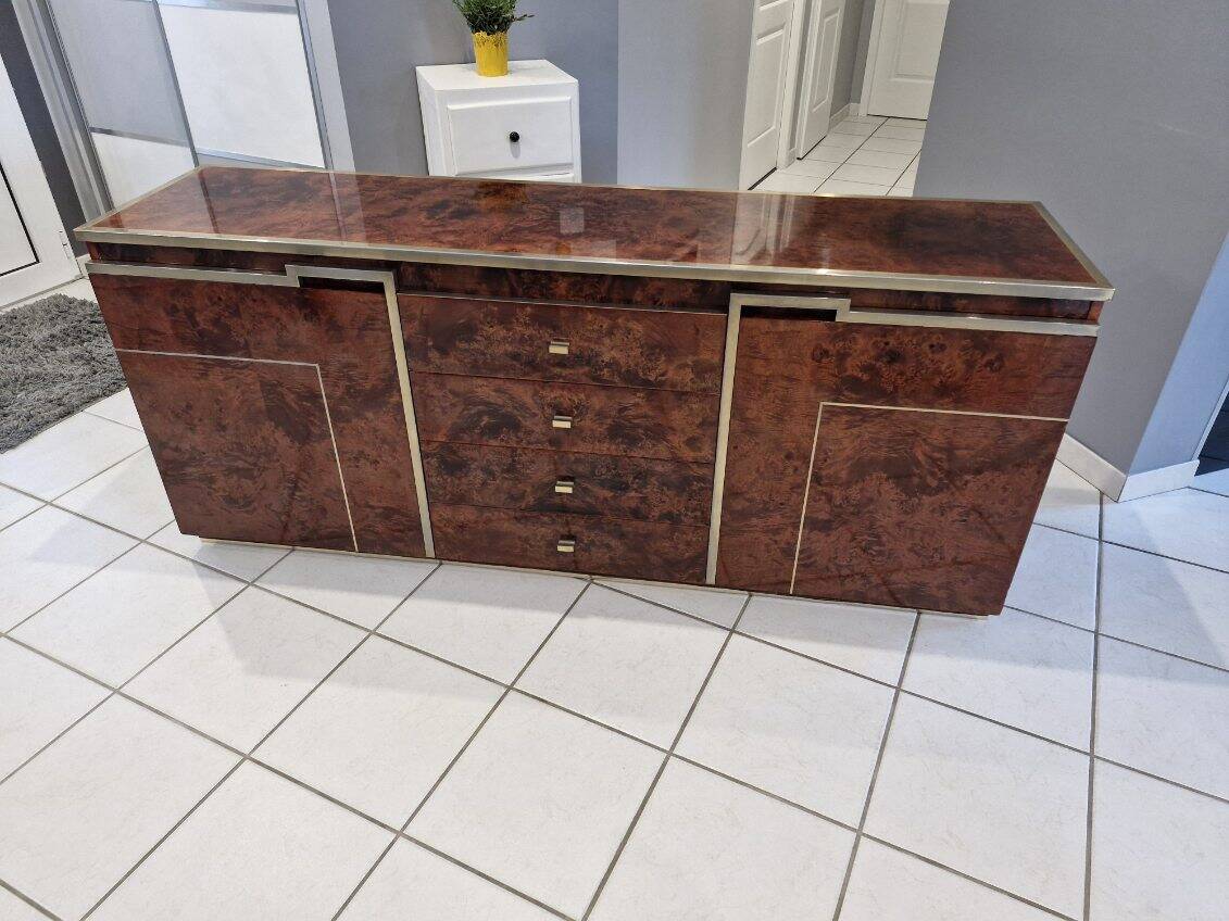Vintage elm burl and chrome sideboard from the 1970s.
