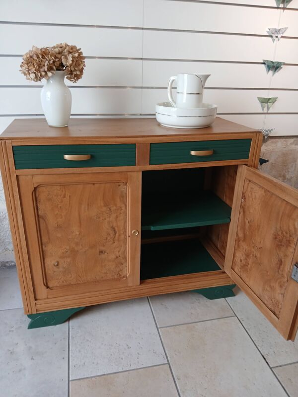 Buffet en loupe d'orme relooké vert et bois