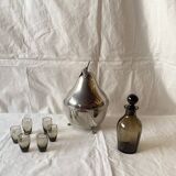 Chromed metal pear - 1 carafe and 6 amber crystal glasses - liquor cellar
