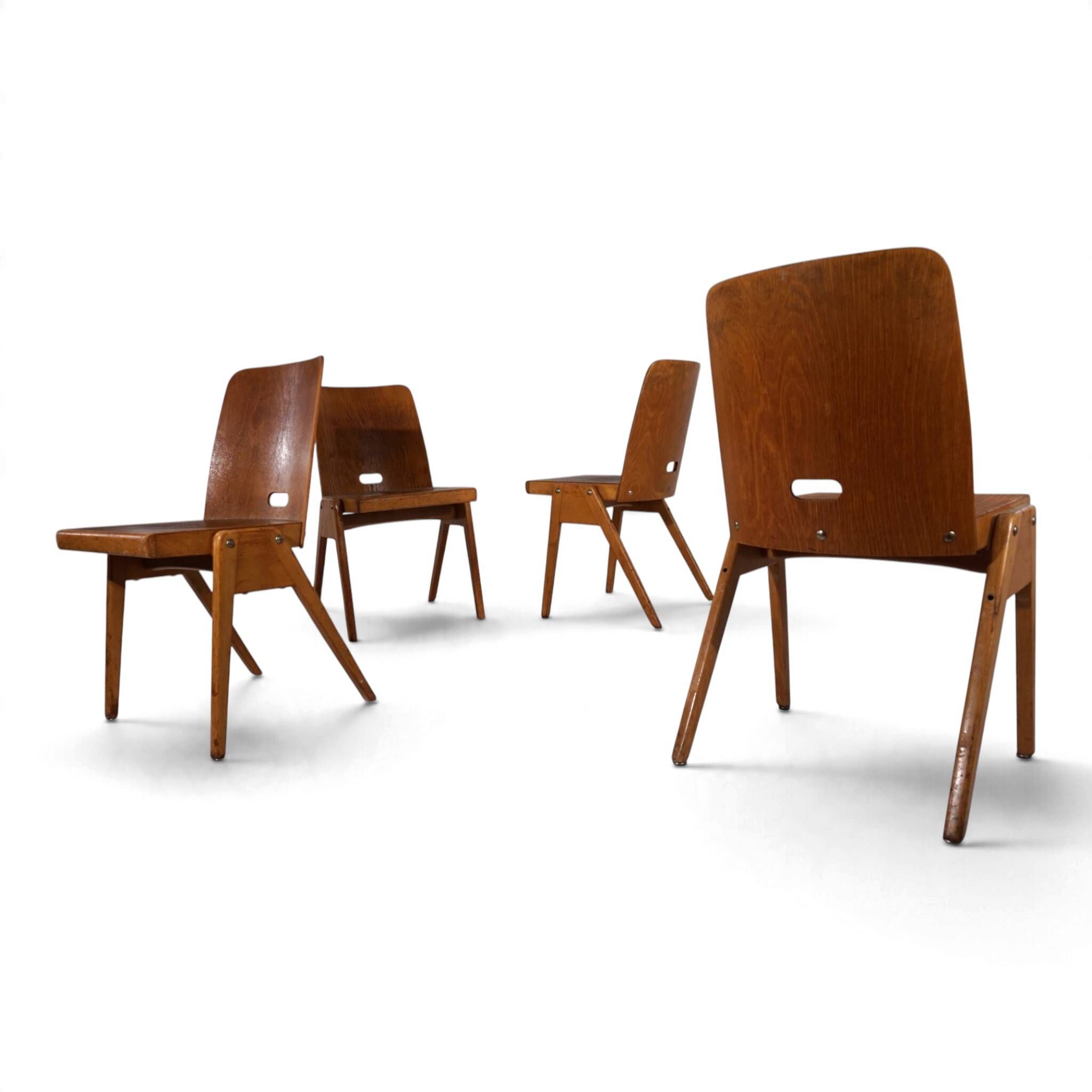 Set of 4 Bauhaus-inspired dining chairs, stackable, 1950