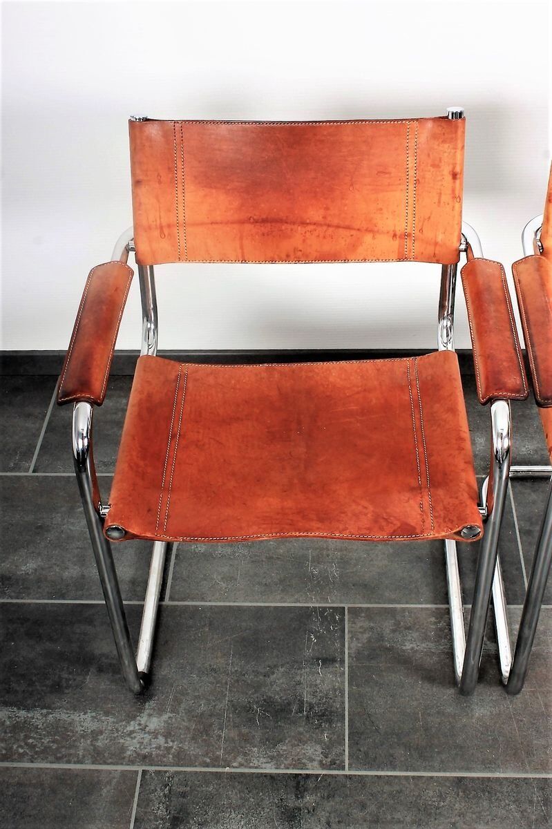 Set of 4 S34 style dining chairs in vintage cognac saddle leather by Mart Stam - Marcel Breuer