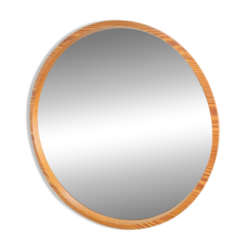 Large Mid-Century Round Pine Mirror, Denmark, 1960s