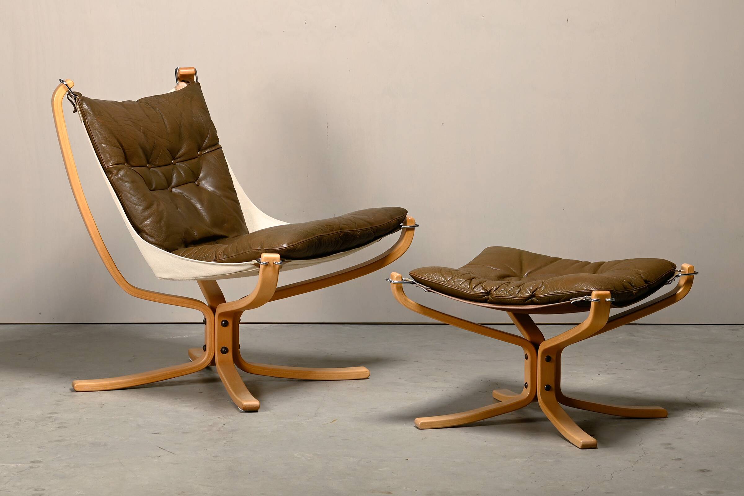 Sigurd Ressell Falcon Chair with Ottoman in brown leather for Vatne Møbler,