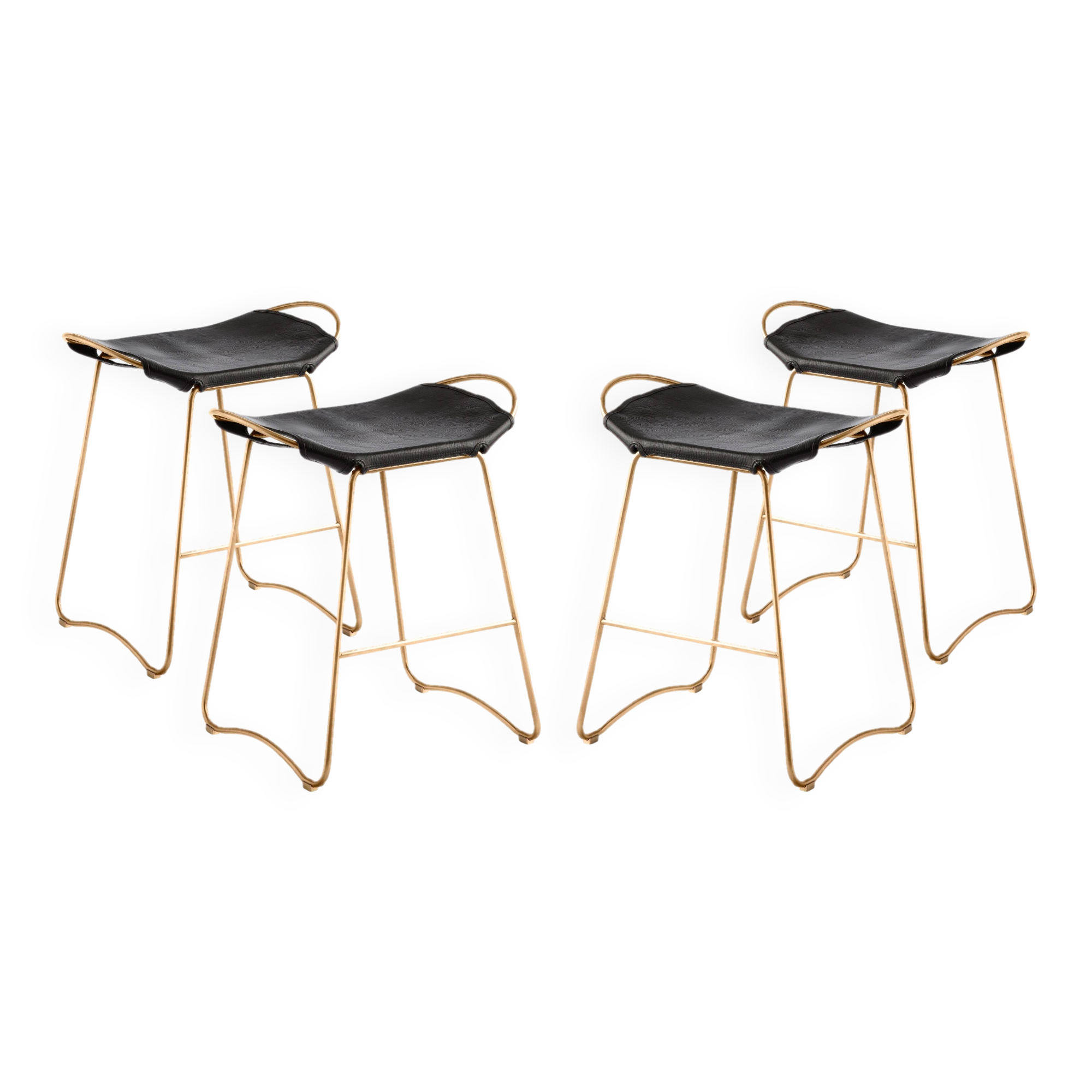 4 contemporary kitchen bar stools, in brass-plated metal and leather.