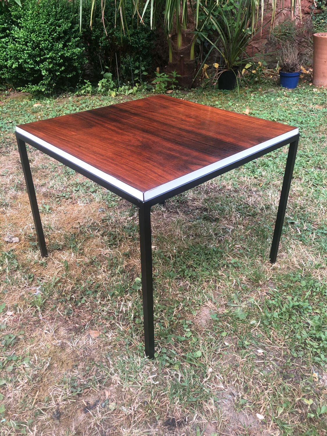 Square black metal coffee table and rosewood top circa 1960