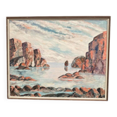 Grande huile suédoise sur panneau – « Paysage côtier » – Signée – Vintage et encadrée