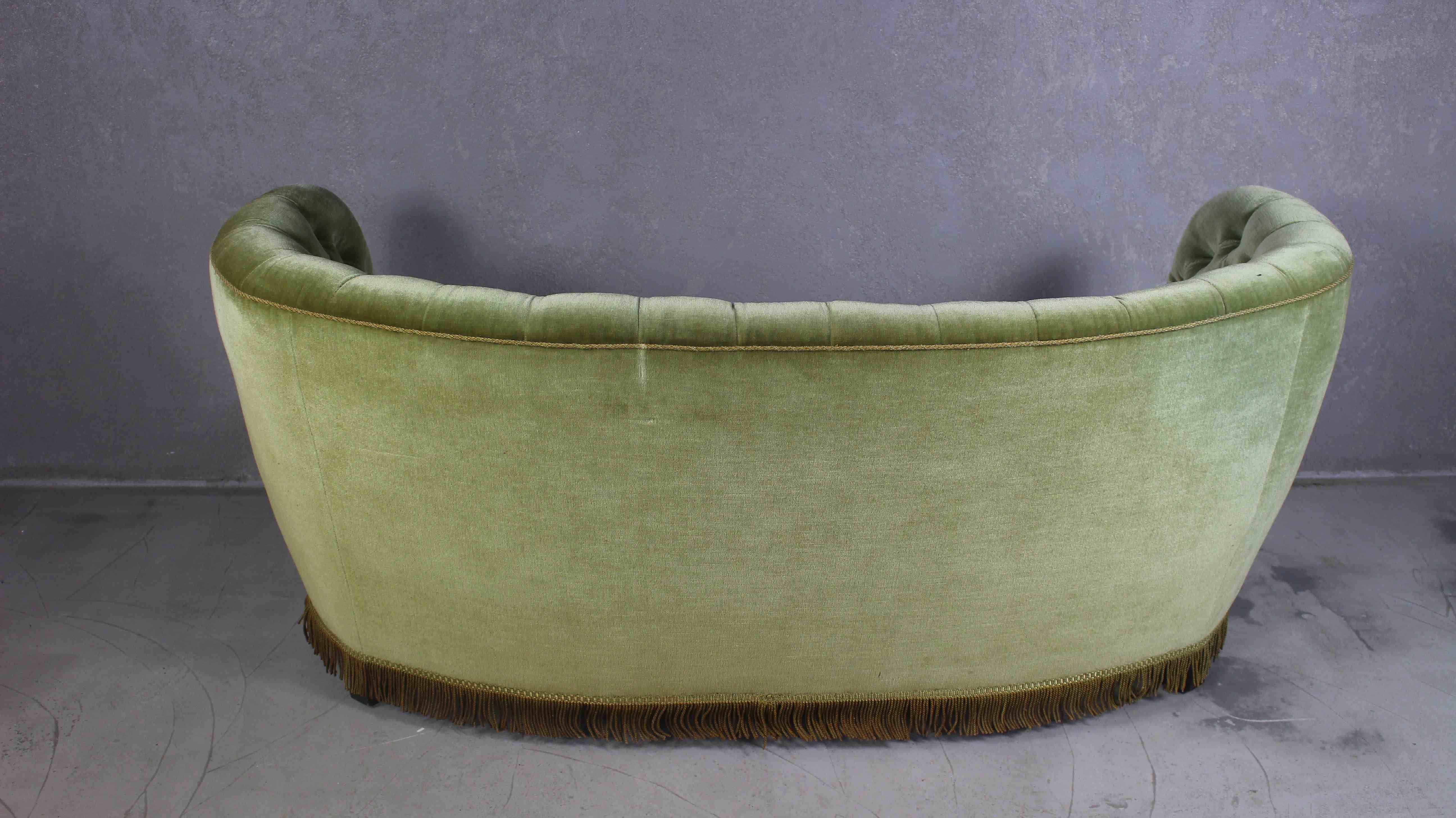 1940s Danish Curved Green Buttoned Sofa