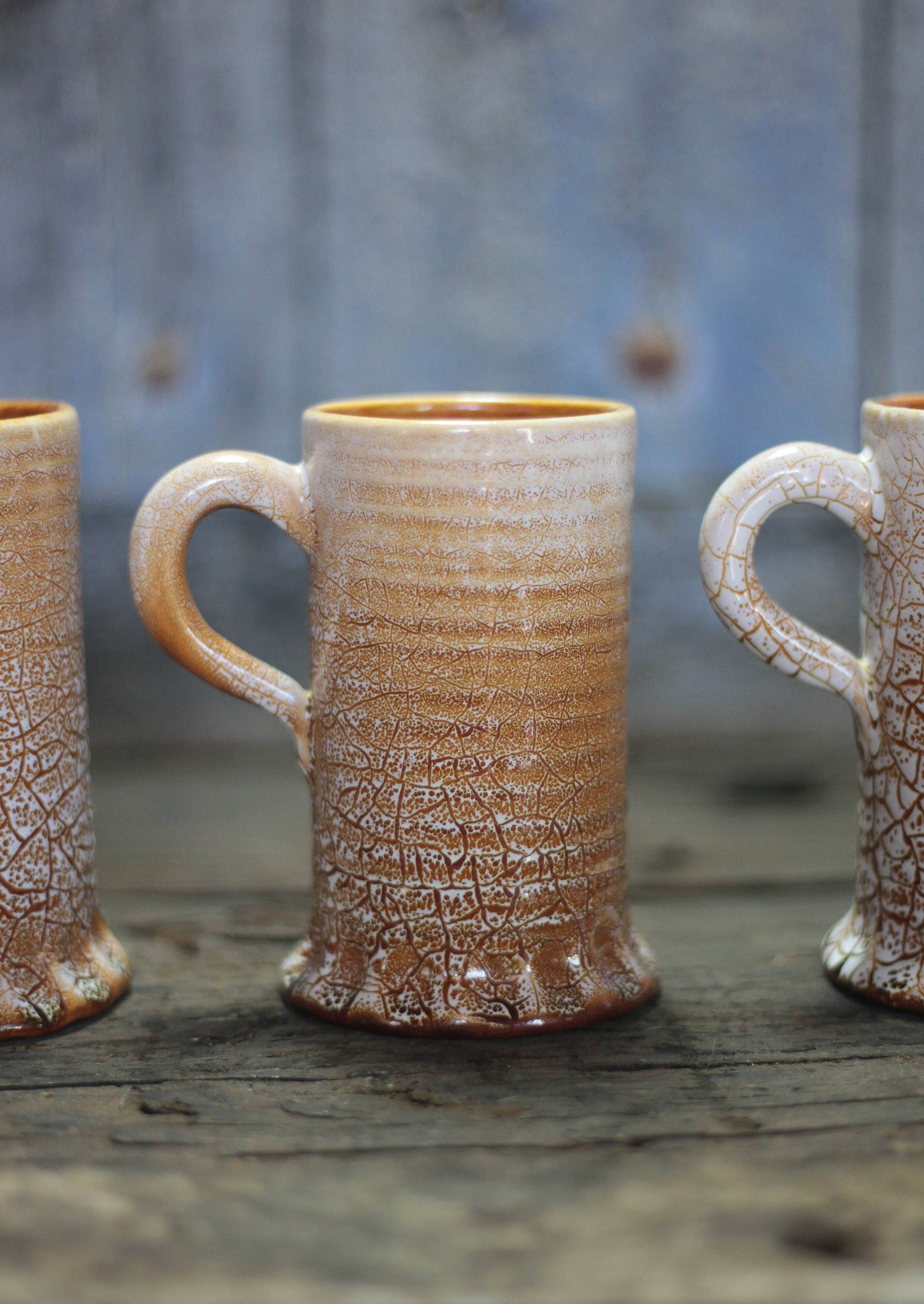 Ceramic service mug Accolay crackle effect X 4, signed tankard, art of the
