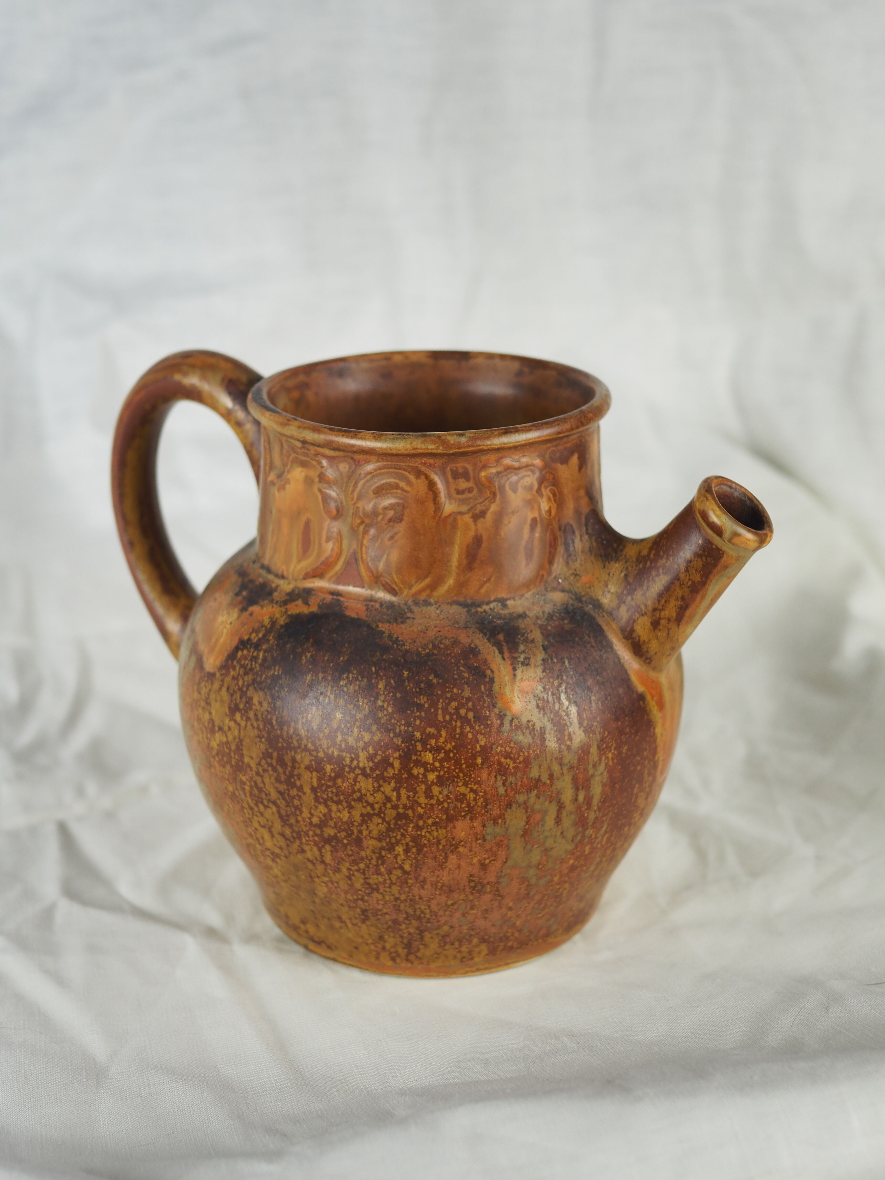 Rooster frieze pitcher, glaze with warm brown drips, ochre and volcanic - Denbac - 30s