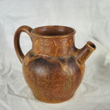 Rooster frieze pitcher, glaze with warm brown drips, ochre and volcanic - Denbac - 30s