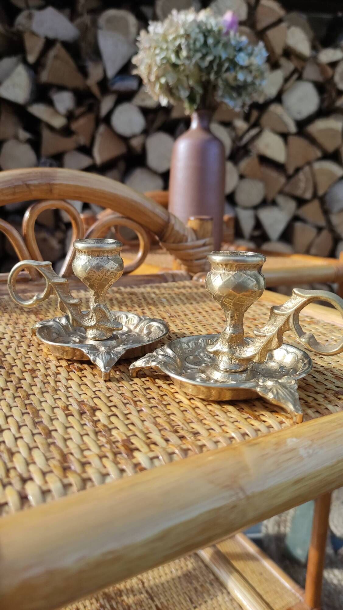 Pair of vintage solid brass candle holders