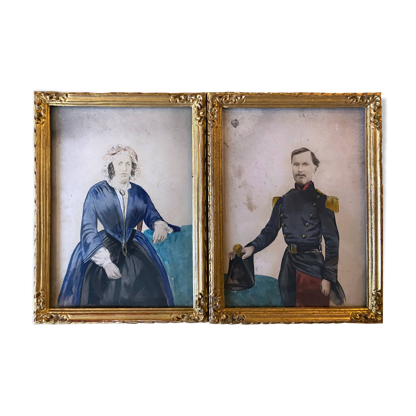 Paintings during enhanced processes watercolor family portrait XIX° + frame