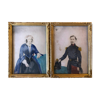 Paintings during enhanced processes watercolor family portrait XIX° + frame