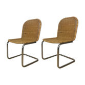 Chaises vintage cantilever en chrome et rotin