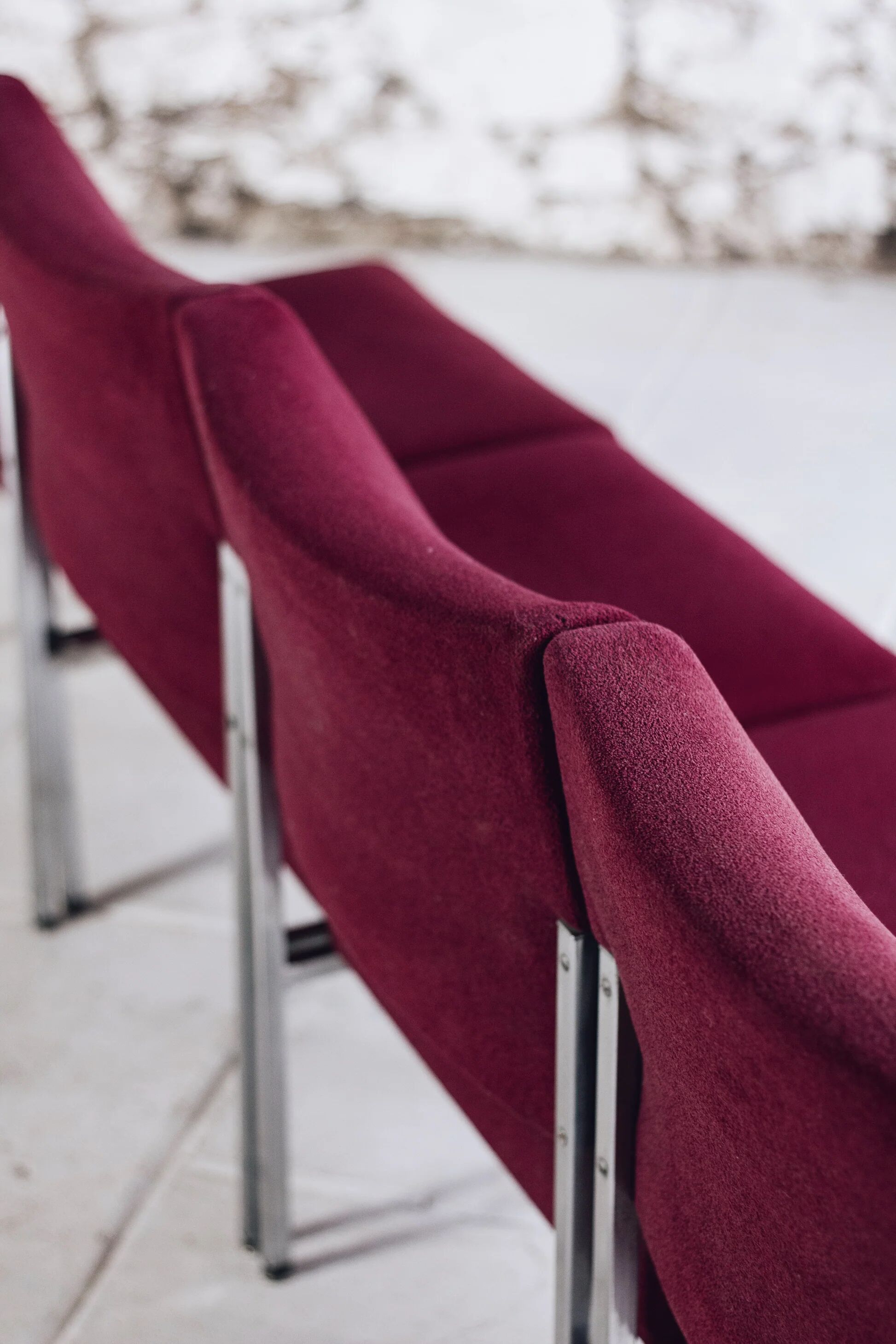 Set of 4 modernist burgundy armchairs, 1970.