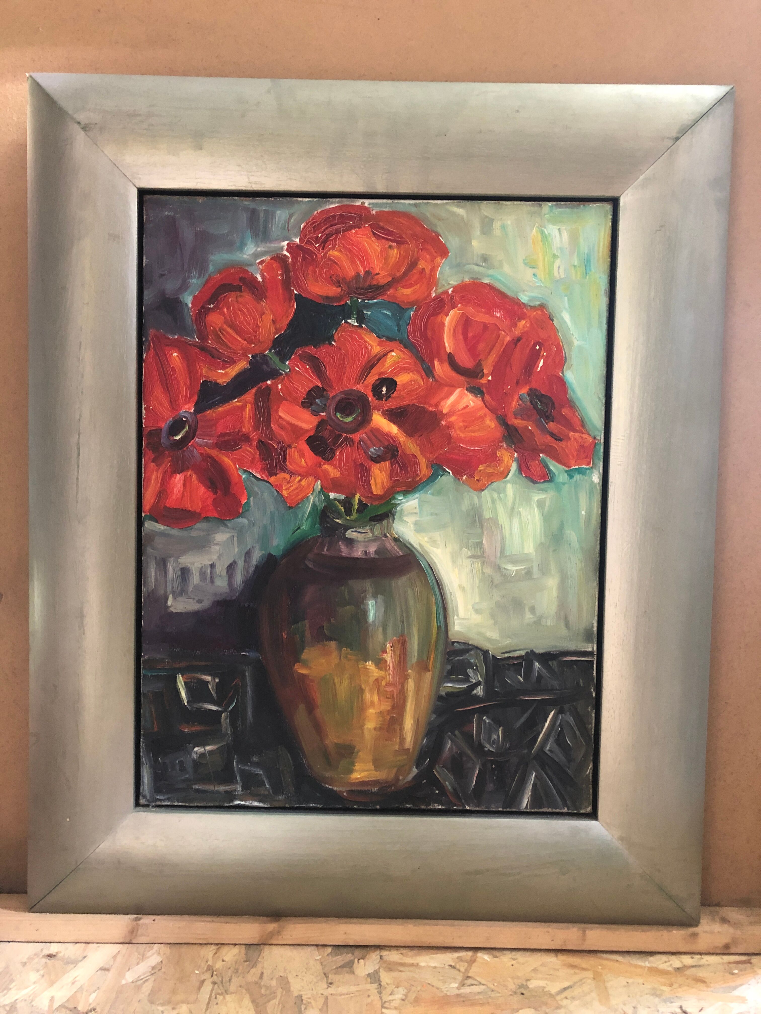 Old oil painting on canvas bouquet of flowers + vintage gray wood frame