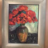Ancien tableau huile sur toile bouquet de fleurs + cadre bois gris vintage