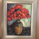 Old oil painting on canvas bouquet of flowers + vintage gray wood frame