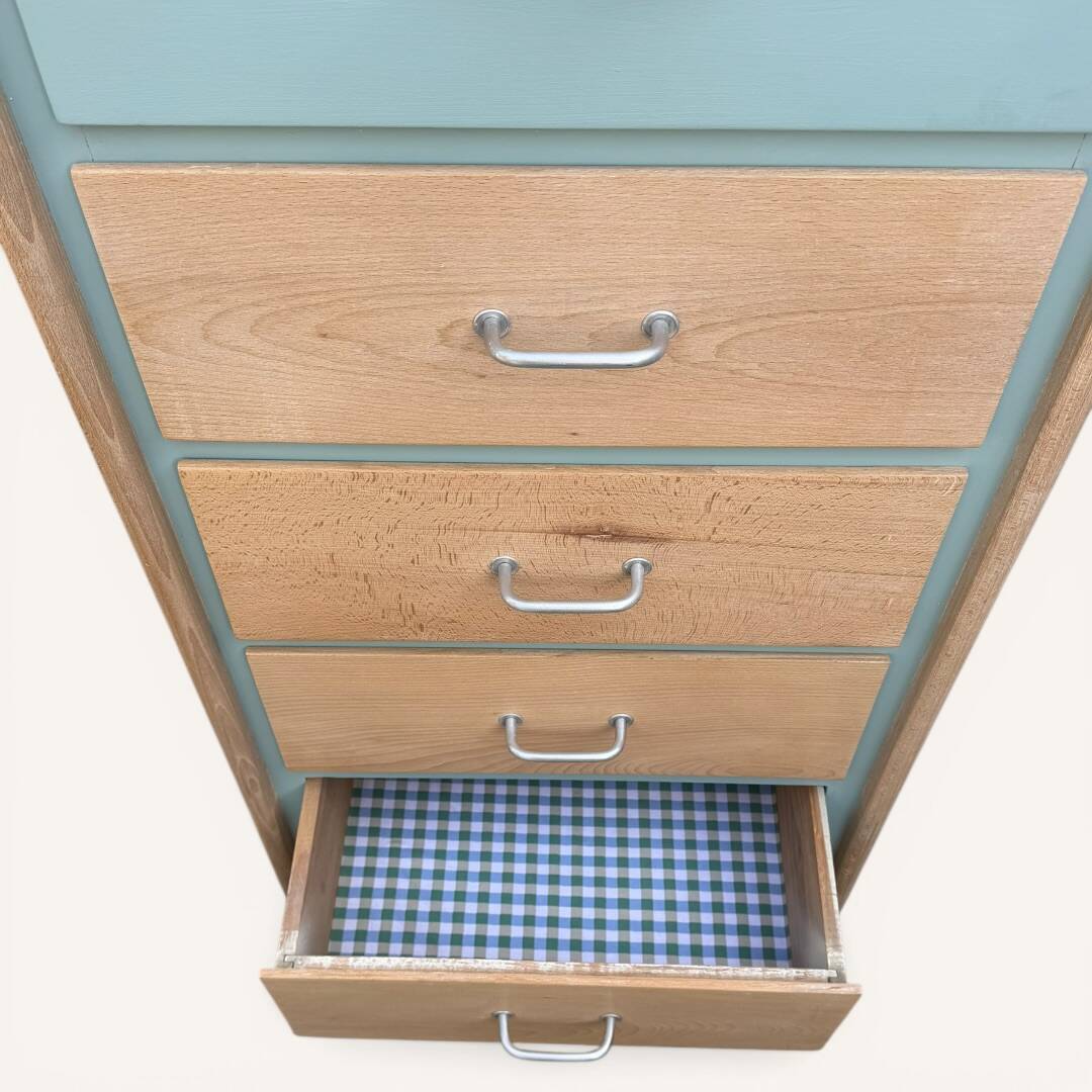 Vintage tall chest of drawers in raw wood and grey-blue from the 1950s.