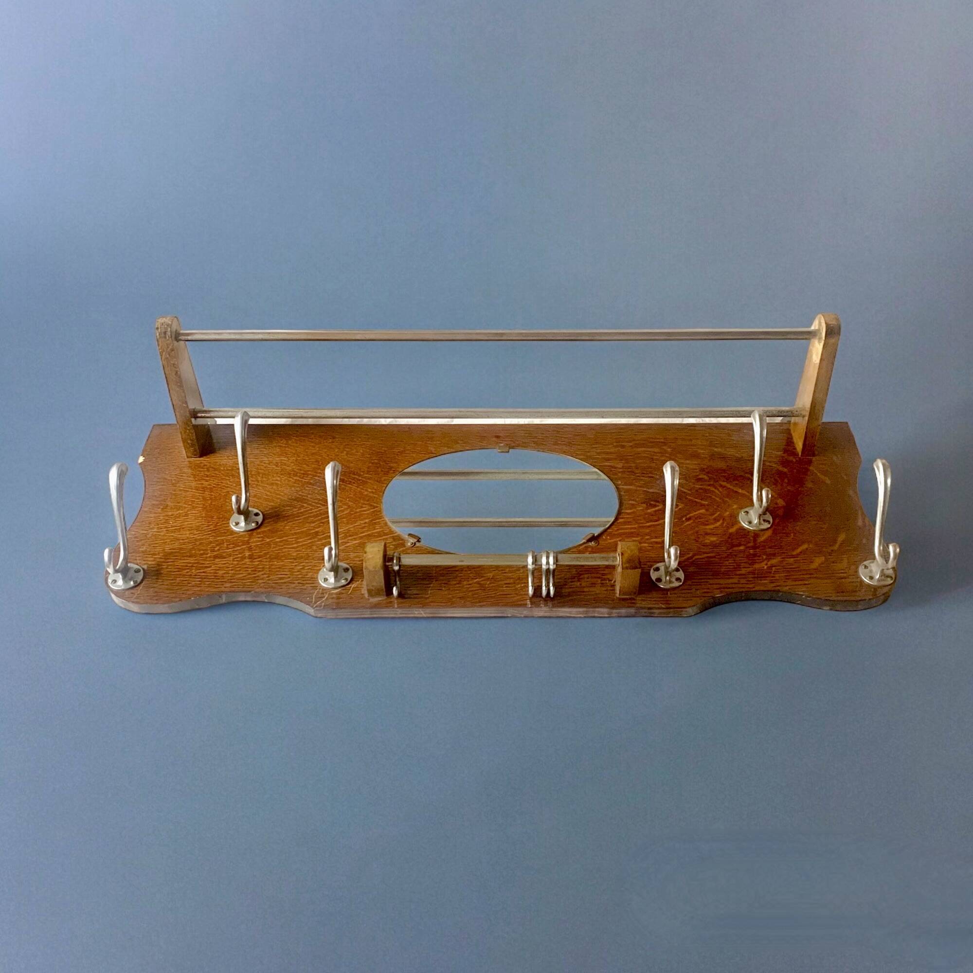 Large Art Deco wooden wall coat rack with mirror and hat rack