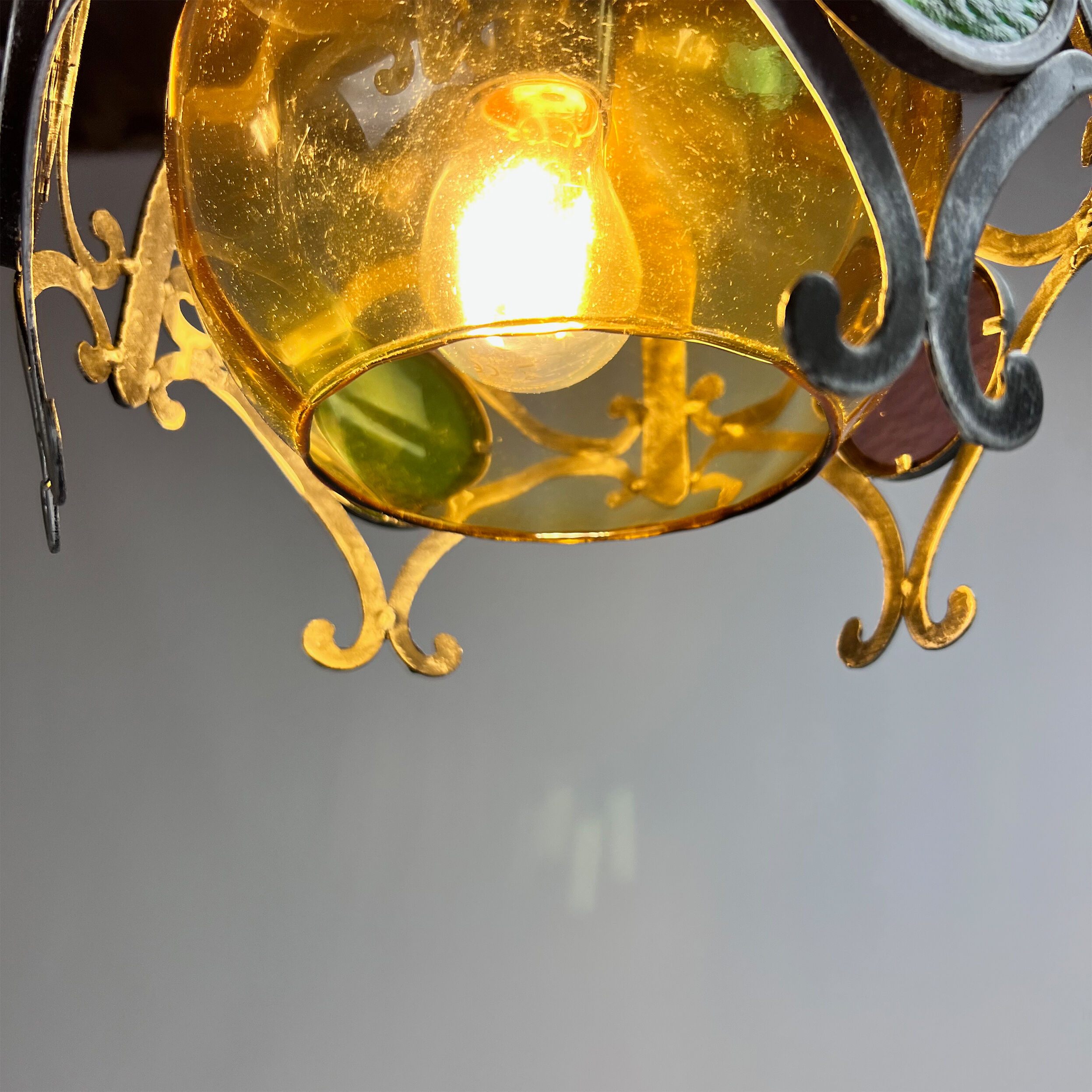 Brutalist cast iron and colored glass pendant, 1970s