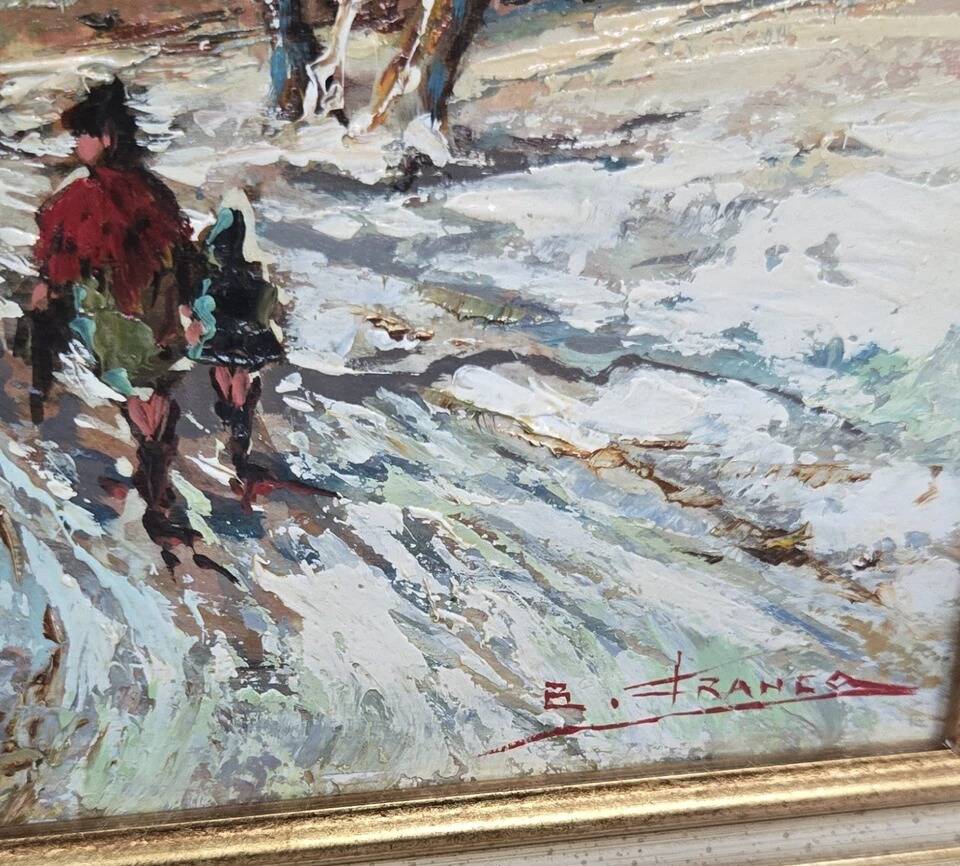 Oil on panel signed B. Franco depicting a lively winter landscape.