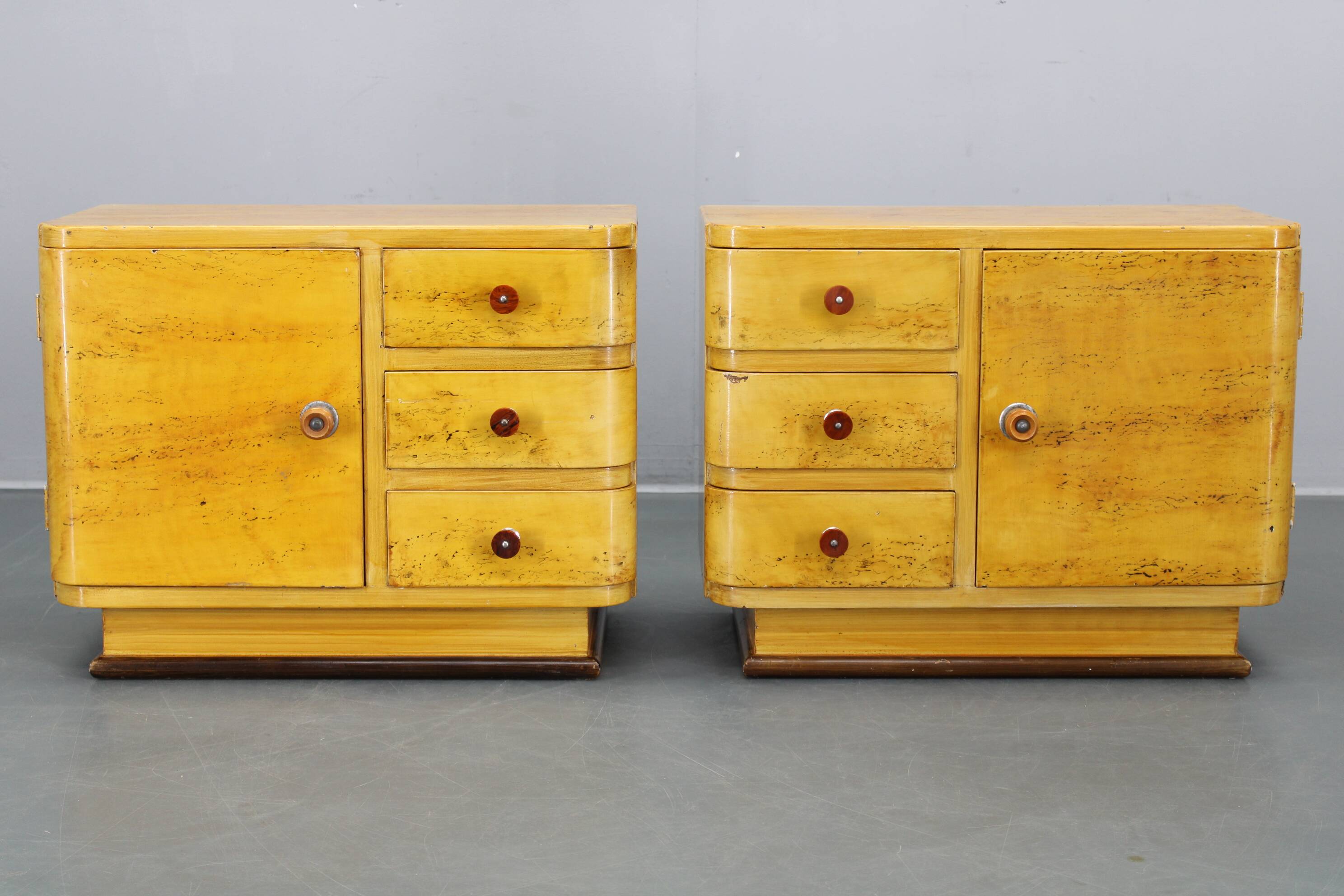 Pair of 1940s Czechoslovak Art Deco nightstands with painted maple imitation finish