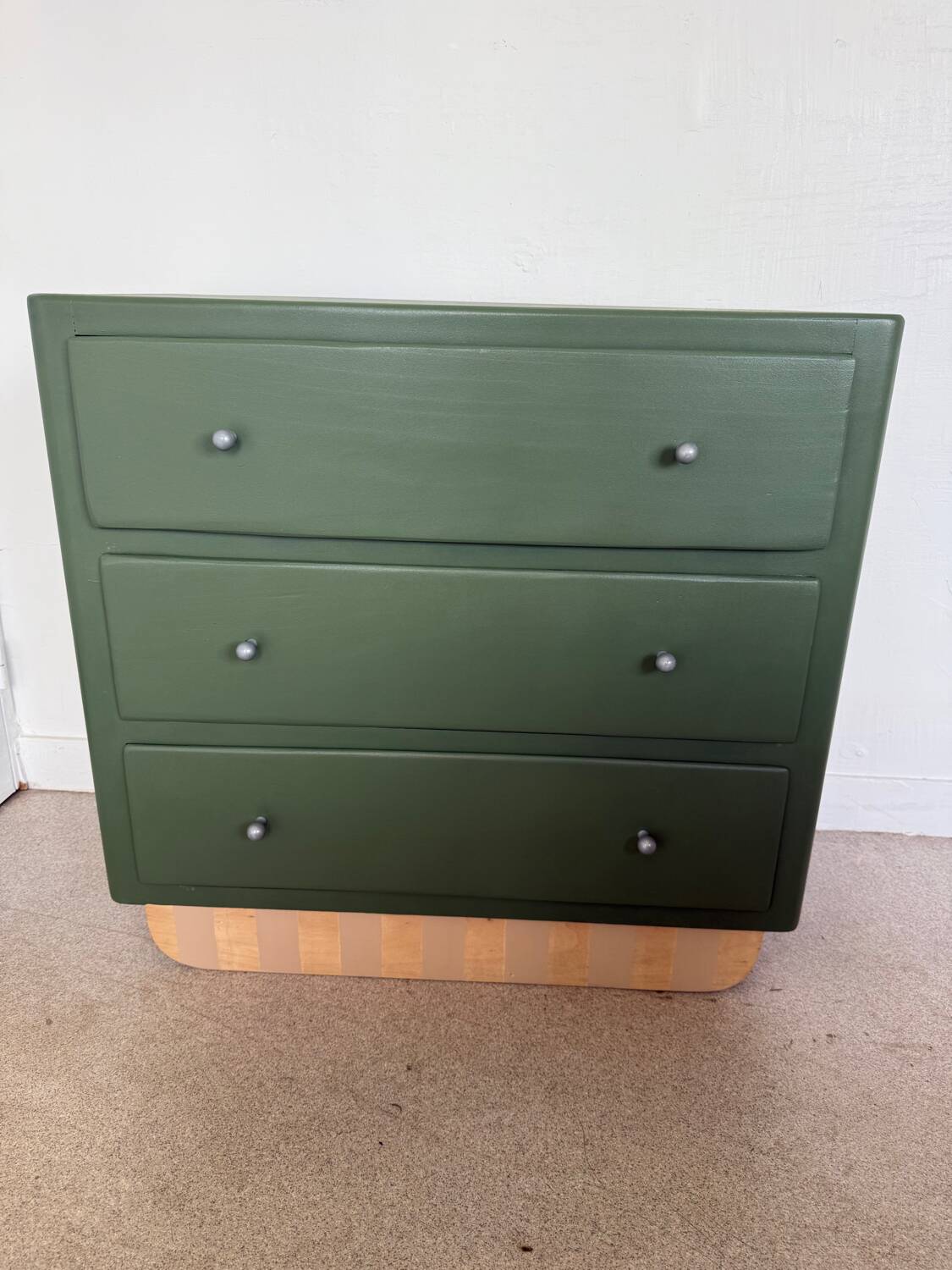 Vintage olive green chest of drawers with striped base