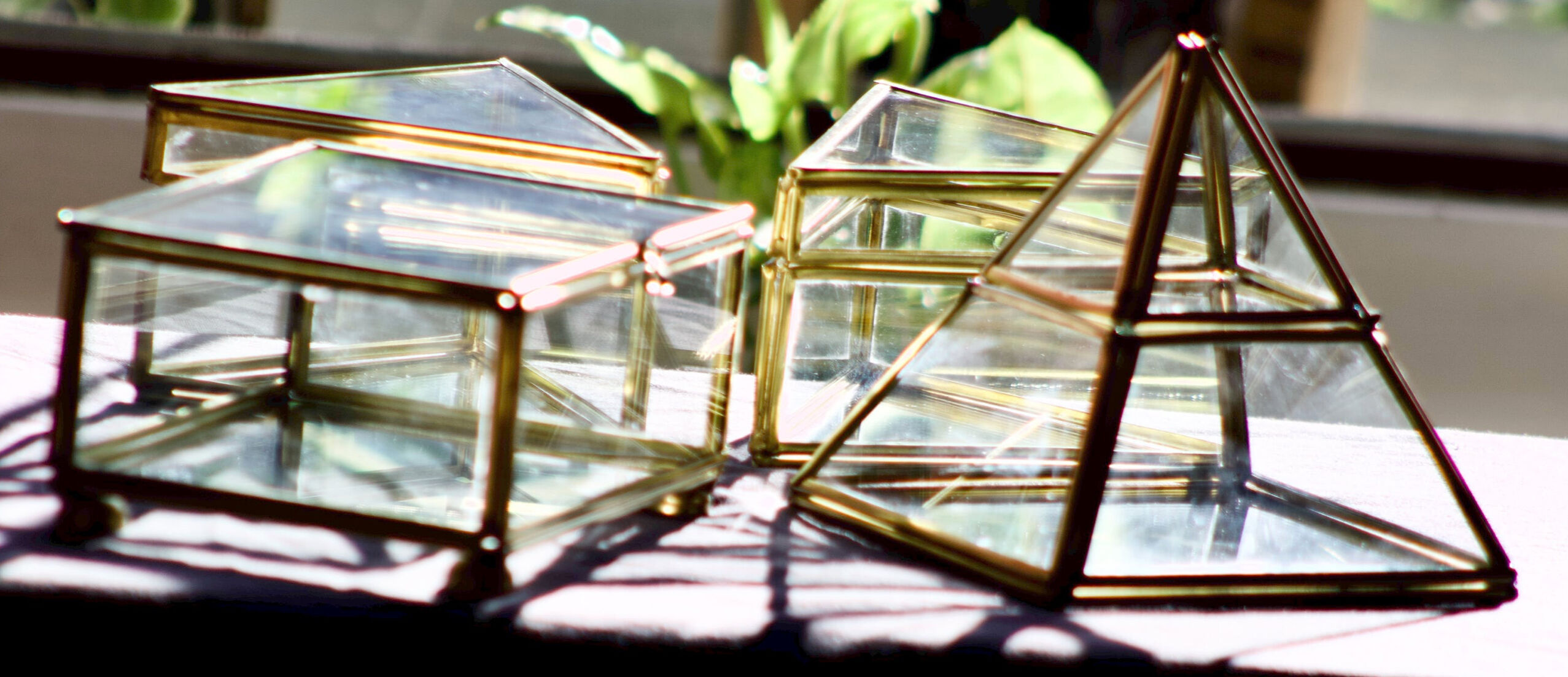 4 old glass, brass and mirror jewellery boxes